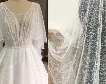 Tecido de renda com lantejoulas marfim branco, renda de malha macia para vestido de noiva, bordado de rayon com miçangas, véu de flor de tule renda pelo quintal