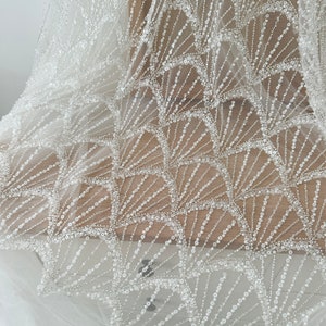 Ivory Sequin Pearl beaded Lace, Gatsby Beading Lace for Bridal Wedding Dress, Couture Embroidery Tulle flower Geometric fabric by the yard
