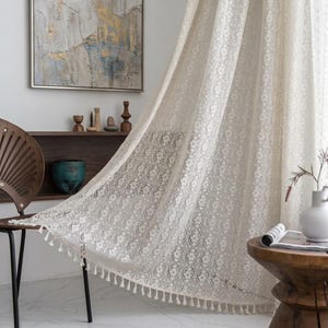 Vintage Crochet Hollow Lace Curtains, Boho Cotton Lace Flower Window Panel, Curtains for Home Room Bedroom Farmhouse Kitchen Cafe Decor