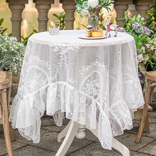 Französische Blumenspitze Tischdecke, Benutzerdefinierte Boho Blumenhochzeitstischdecke, Vintage Tischabdeckung Stoff für Picknickheim Cottagecore Dekor