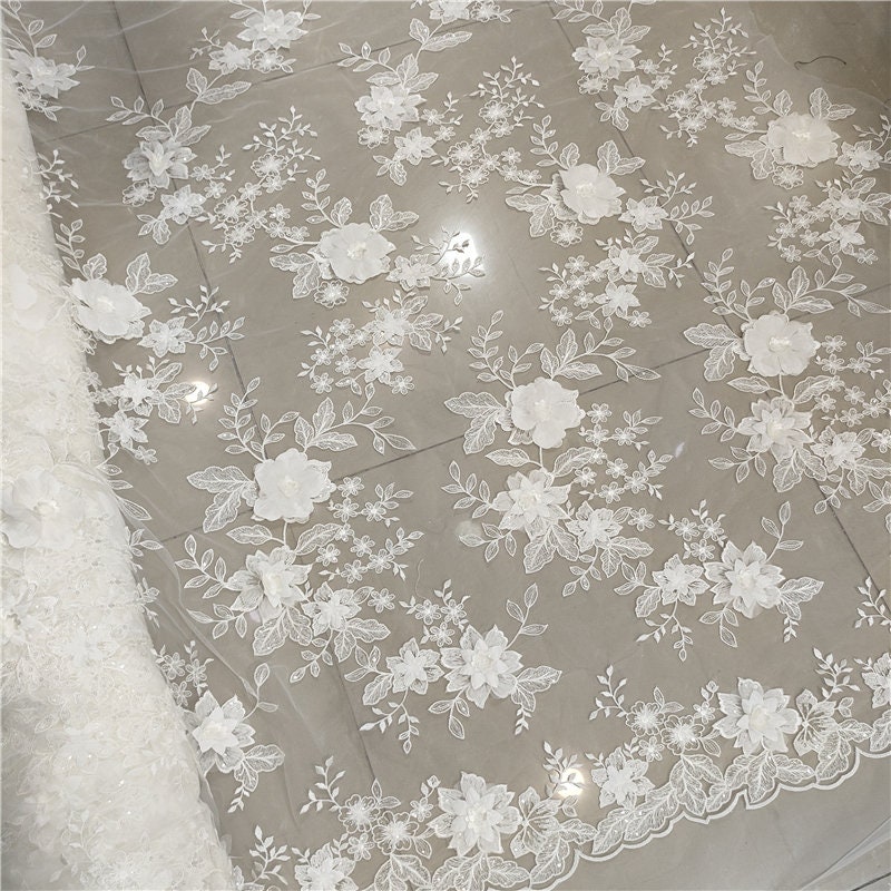 3D Embroidery Flower Lace Fabric, Ivory White Sequin Lace Fabric for Bridal Wedding Dress Gown , Floral Tulle Lace Fabric by the yard