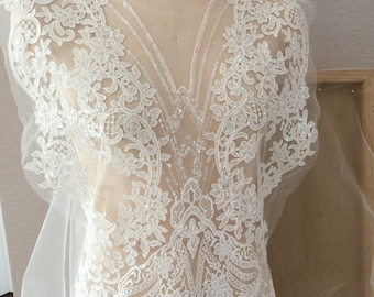 Ivory Embroidery flower Lace Fabric with sequin, Alencon lace applique material piece, Wedding Dress Lace trim, Guipure Mesh lace