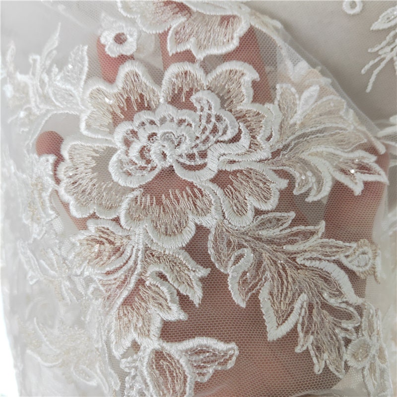 Ivory Champagne Sequin Lace Fabric Alencon Cotton Lace Bridal | Etsy