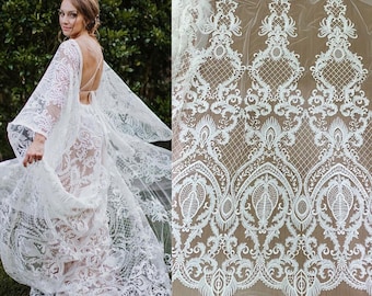 Boho Alencon Embroidery flower lace with sequin, Bridal Ivory Lace Rayon Mesh Fabric, Quipure lace Wedding Dress Corded lace by the yard