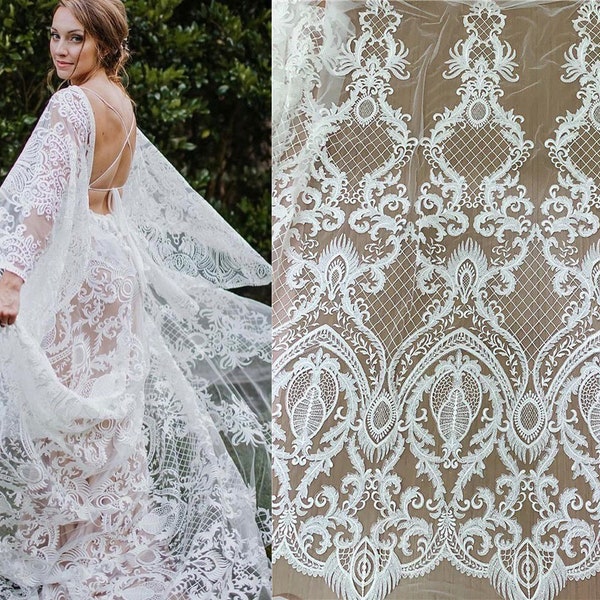 Boho Alencon Embroidery flower lace with sequin, Bridal Ivory Lace Rayon Mesh Fabric, Quipure lace Wedding Dress Corded lace by the yard