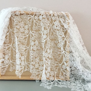 White Ivory Guipure Mesh Lace Fabric, Boho Cotton Rayon lace, Bridal Wedding Dress Leaf Leaves Embroidery flower lace by the yard