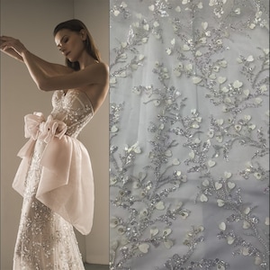 Silver beaded Sequin Lace Fabric, Bridal Floral Heart Couture Lace, 3D Flower Leaves Wedding Dress, Embroidery Leaf Tulle lace by the yard