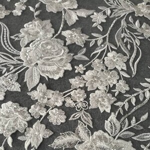 3D Embroidery Flower Lace Fabric, Bridal Ivory White Wedding Dress Lace Applique, Floral Venice Mesh Tulle Veil Sequin Lace by the yards image 3