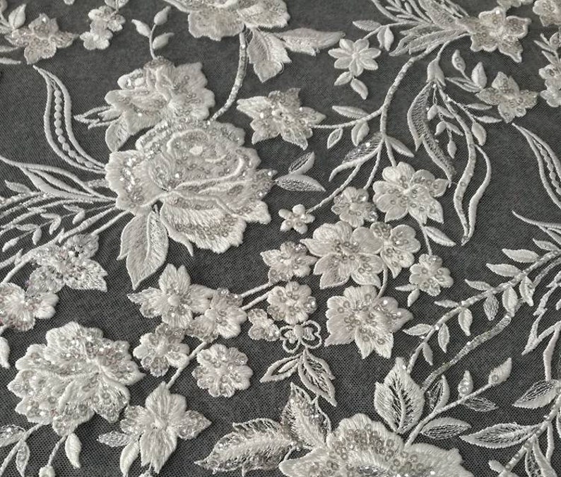 3D Embroidery Flower Lace Fabric, Bridal Ivory White Wedding Dress Lace Applique, Floral Venice Mesh Tulle Veil Sequin Lace by the yards image 3