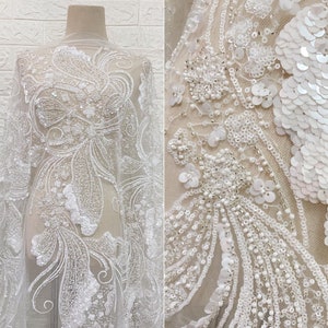 Heavy  Beaded Sequin Embroidery Fabric, Flower Floral Butterfly lace applique Tulle, Ivory White Bridal Wedding Dress Material by the Yard