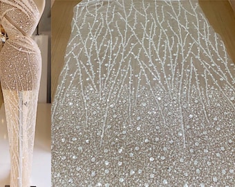 Weißes Elfenbein schweres Pailletten-Perlen-Spitzen-Gewebe, Couture-Spitze Brauthochzeitskleid, Rayon-Stickerei-Tüll-Blumenapplikation