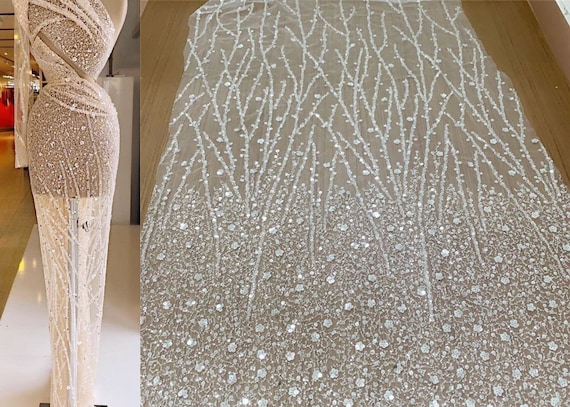 Ivory Sequin Beaded Tulle Material Ivory Sequin Beaded Tulle Material