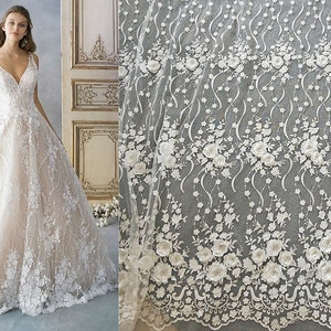 3D Embroidery Flower Lace Fabric, Bridal Ivory White Wedding Dress Lace Applique, Floral Venice Mesh Tulle Veil Lace Fabric by the yards