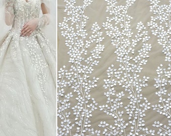 3D ivory bridal lace fabric, Floral Leaf flower Lace Veil material, Bride Wedding Dress, Soft Embroidery Tulle DIY Cloth by the yard