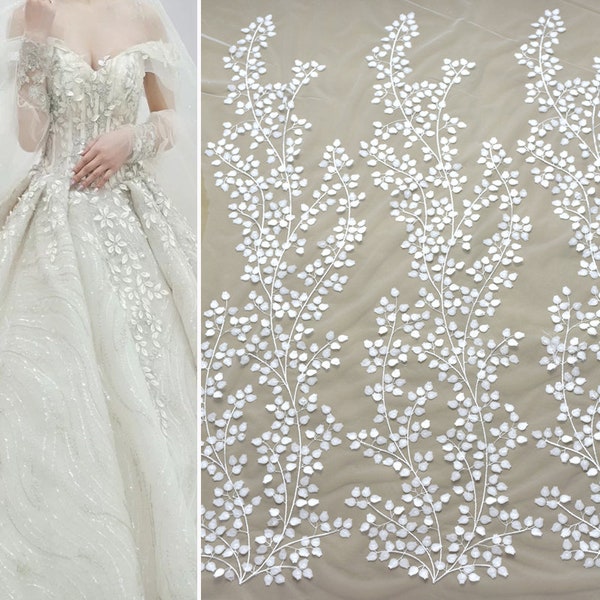 Tissu de dentelle de mariée ivoire 3D, matériel de voile de dentelle de fleur de feuille florale, robe de mariée de mariée, tissu de bricolage de tulle doux de broderie par yard