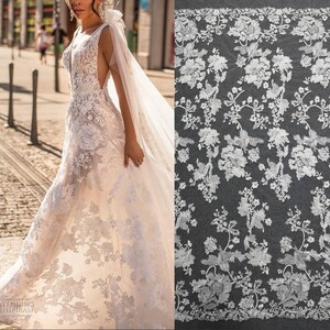 Tecido de renda branco marfim, material de renda guipura, vestido de noiva, bordado de algodão Alencon tule flor renda com lantejoulas no quintal