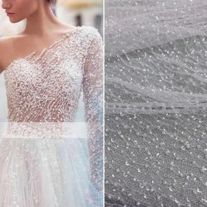 Soft Clear Sequin Beaded Lace Fabric, White Ivory bead Lace for Bridal Wedding Dress, Mesh Embroidery Tulle applique fabric by the yard