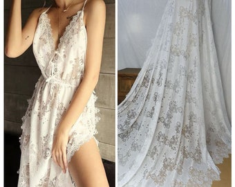 3 Yard Soft French Chantilly Flower Lace Tulle Fabric, DIY Fashion material, Boho Bohemian Bridal Wedding Dress Prom, Embroidery Floral lace