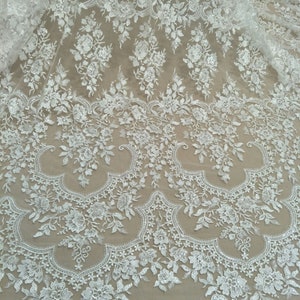 Sequin Scalloped lace fabric, Ivory bridal Wedding Dress geometric Embroidery lace, Couture tulle bridal flower lace fabric by the yard