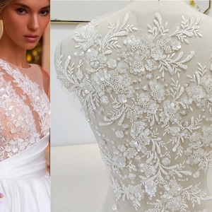White 3D Embroidery Leaves Flower Lace Fabric, Beaded Sequin applique piece, Wedding Dress Veil Tulle Lace trim, DIY Mesh Bodice