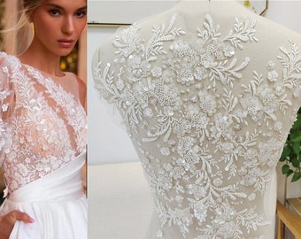 Tela de encaje con flores y hojas bordadas en 3D en color blanco, aplique de lentejuelas con cuentas, adorno de encaje de tul para velo de vestido de novia, corpiño de malla para hacer uno mismo