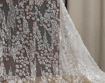 Tecido de renda com lantejoulas brancas, vestido de noiva com renda listrada de neve floral, tecido de apliques de flores de tule bordado por metro