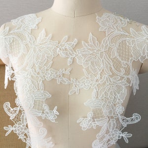 Par de apliques de renda floral Boho, apliques de véu de vestido de noiva, tecido de renda de algodão bordado branco marfim, motivo de corpete de renda