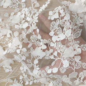 3D Ivory Sequin beading flower Lace Fabric, Couture lace for Bridal Wedding Dress, Embroidery Tulle Veil floral applique fabric by the yard image 7