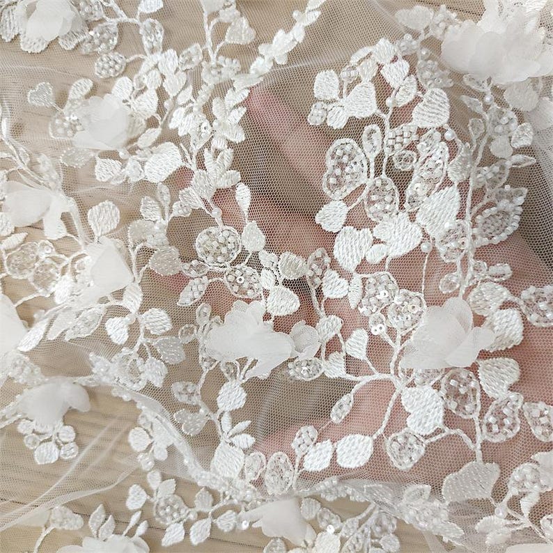 3D Ivory Sequin beading flower Lace Fabric, Couture lace for Bridal Wedding Dress, Embroidery Tulle Veil floral applique fabric by the yard image 7