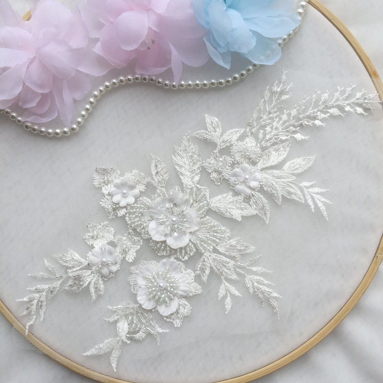 3D Ivory Embroidery Flower Lace Fabric Motif beaded Sequin | Etsy