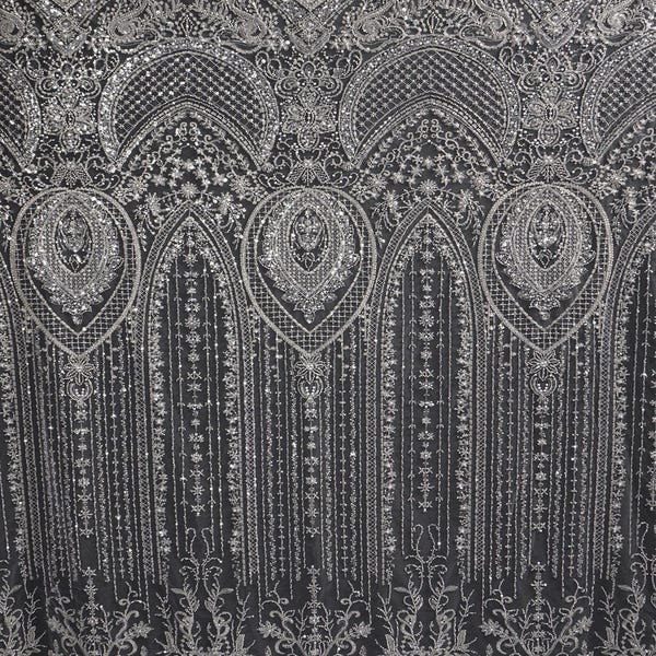 Geometrische Perlen Stickerei Spitzenstoff, Art Deco Braut Spitzenstoff, Perlen Pailletten Hochzeitskleid Spitze, Luxus Couture Spitzenstoff