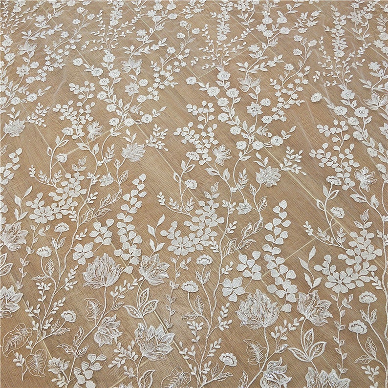 Boho Ivory Embroidery floral Lace Fabric Bridal sequin Lace material Wedding Dress Soft Tulle Rayon Mesh leaves flower lace by the yard image 8