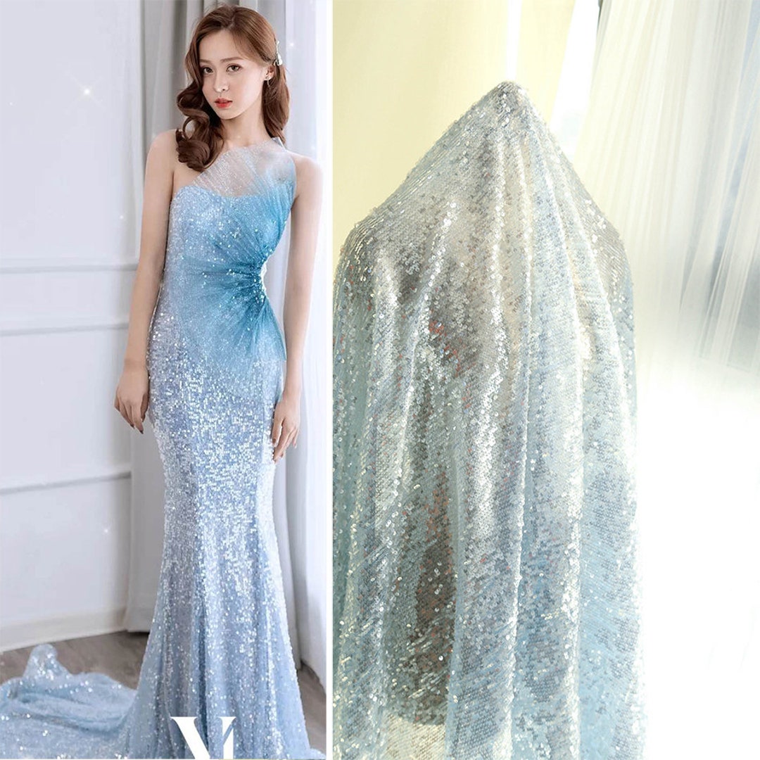 Light Blue Sparkle Sequin Tulle Fabric Material, Bridal Wedding Dress