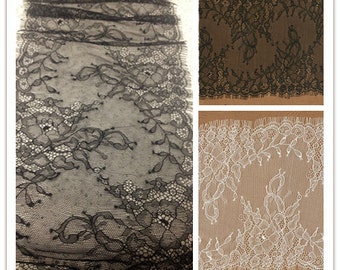 Soft White Lace Fabric, Black Floral Scalloped material, Wedding Dress Gown Lace trim,French flower Chantilly lace,3M eyelash lace veil