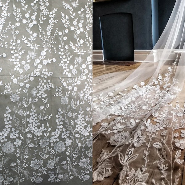White Ivory Embroidery floral Tulle Veil Lace Fabric Bridal Lace, Wedding Dress Soft Cotton Guipure Mesh Leaf Venice flower lace by the yard