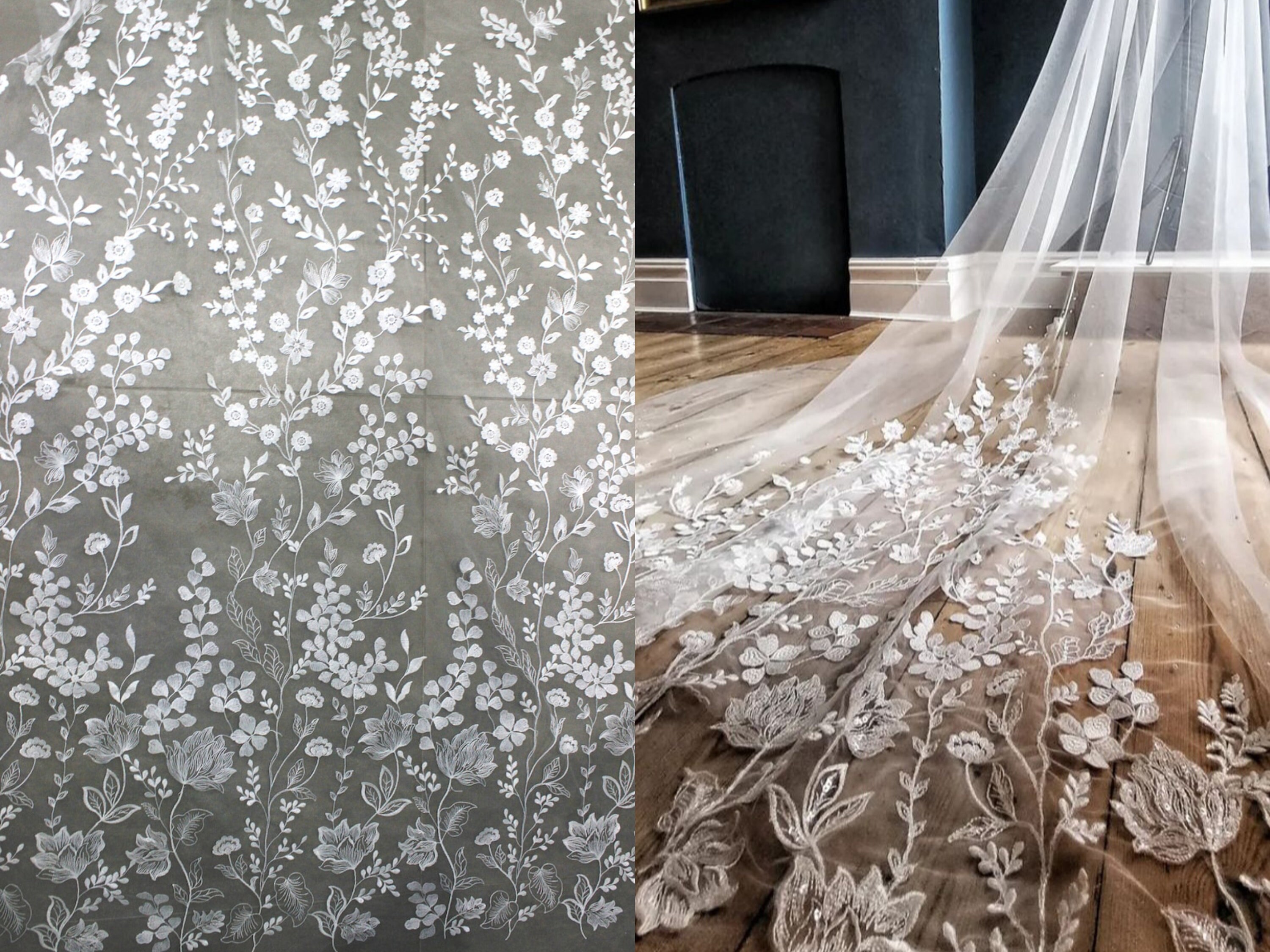 White Ivory Embroidery Floral Tulle Veil Lace Fabric Bridal Lace ...