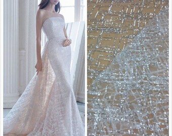 Sequin lace fabric geometric, White ivory Wedding Evening Dress Embroidery lace, lattice tulle bridal flower lace fabric by the yard