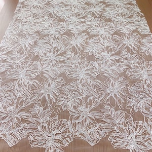 White sequin Lace Fabric, Rayon mesh lace material, Bridal Wedding Dress Gown, leaf Leaves Embroidery Tulle flower lace by the yard