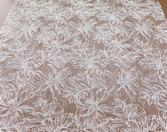 White sequin Lace Fabric, Rayon mesh lace material, Bridal Wedding Dress Gown, leaf Leaves Embroidery Tulle flower lace by the yard