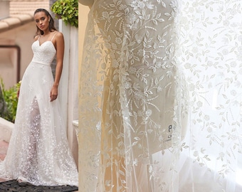 White Ivory Flower Lace Fabric with Sequin, Lace for Bridal Wedding Dress, Soft Mesh Tulle Embroidery floral Applique lace by the yard