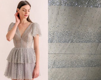 Star Glitter Sliver tulle lace Fabric, Bridal Wedding Dress Evening Gown fabric, Grey Soft Tulle, Gradient Sparkle Bling lace by the yard