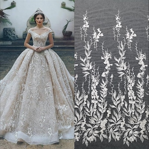 White Ivory Lace Fabric, Rayon mesh Guipure lace  material, Bridal Wedding Dress Gown, leaf Leaves Embroidery Tulle flower lace by the yard