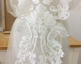 Ivory White Embroidery Lace Fabric, Floral applique material piece, Guipure lace, Wedding Dress Gown veil Lace pattern trim with sequin