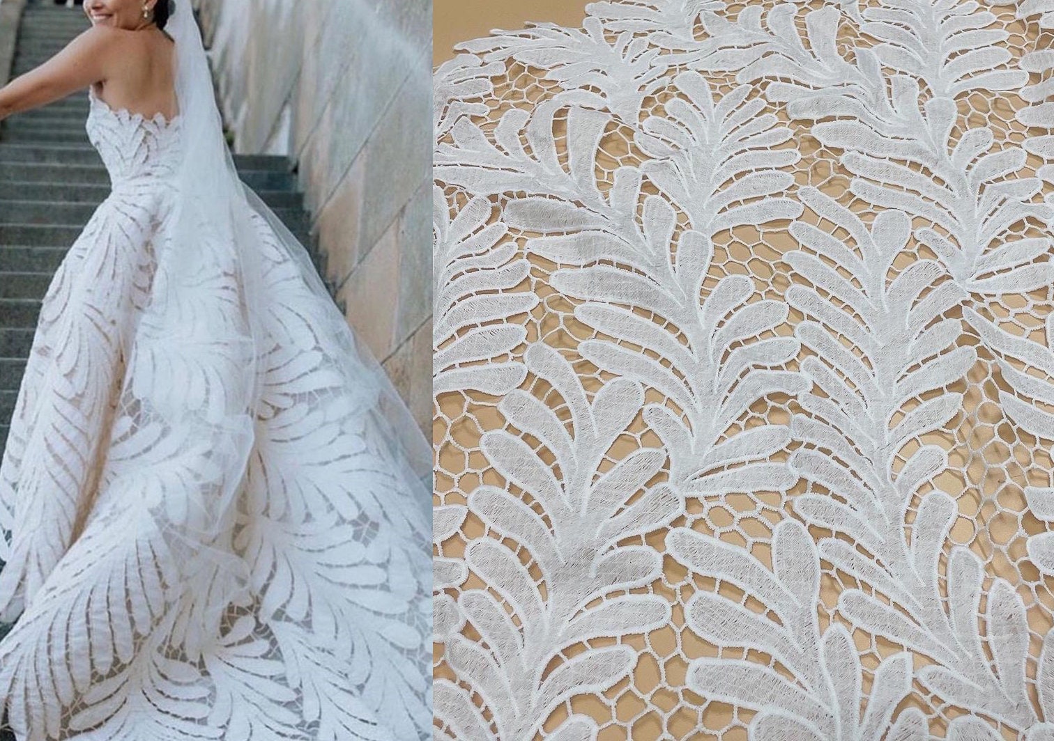 White Ivory Guipure Mesh Lace Fabric, Boho Rayon lace, Bridal Wedding Dress Leaf Leaves Embroidery flower lace by the yard