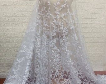 Ivory White flower Lace Fabric with sequin, Cotton Embroidery Rose floral lace, Veil lace applique, Bridal Wedding Dress fabric by the yard