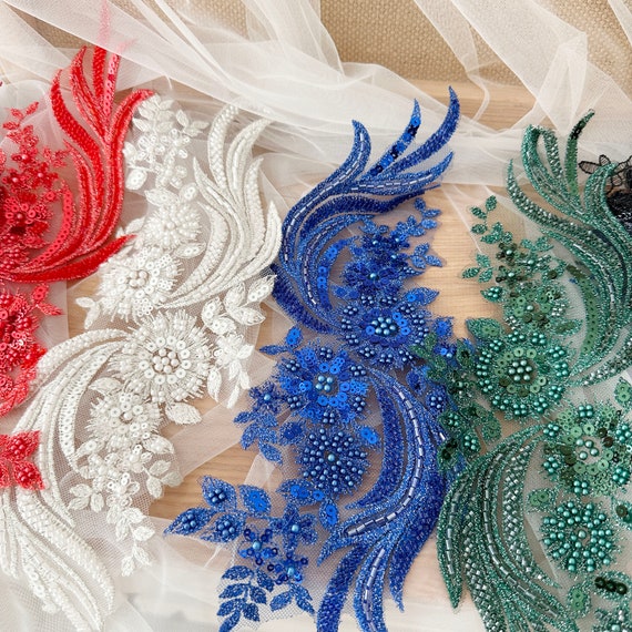 Pair of Beaded Sequin Lace Embroidered Appliques, White Red Blue