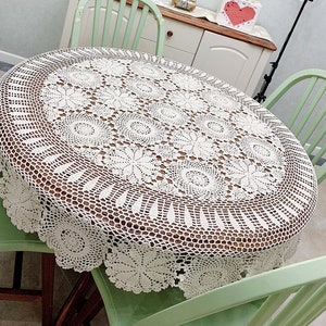 Custom Flower lace tablecloth, Handmade crochet round floral table cloth, Vintage Table linen cover Fabric for home wedding decor