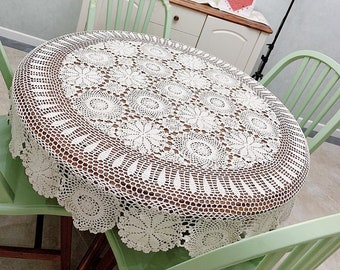 Custom Flower lace tablecloth, Handmade crochet round floral table cloth, Vintage Table linen cover Fabric for home wedding decor