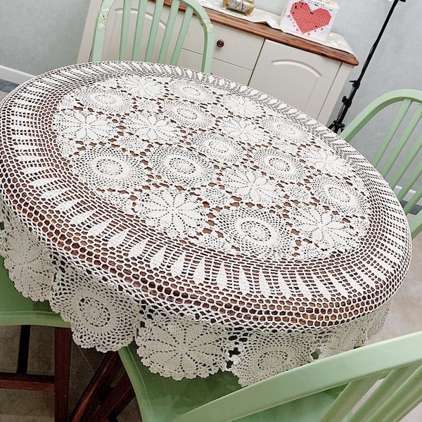 Custom Flower lace tablecloth, Handmade crochet round floral table cloth, Vintage Table linen cover Fabric for home wedding decor