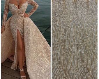 Tecido de renda com lantejoulas pesadas branco marfim de 5 jardas, vestido de noiva de renda com listras onduladas, tecido de tule bordado rayon com flores por jarda